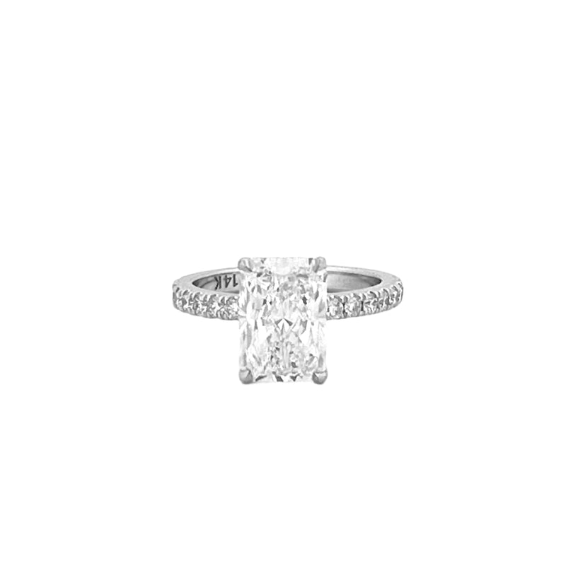14K Gold 3.00 Carat Lab Grown Radiant Diamond Prong Set Engagement Ring with Diamond Under Halo and Prongs