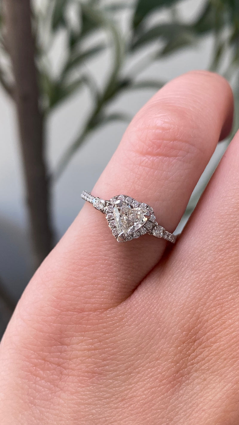 14K Gold Mini Three Stone Natural Diamond Heart Halo Engagement Ring