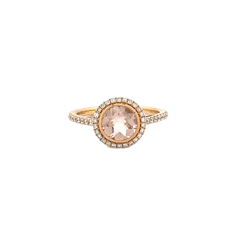 14K Gold Round Halo Morganite Cathedral Ring