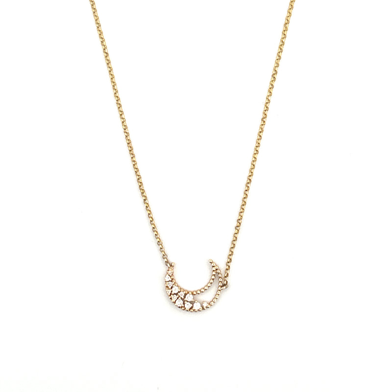 14K Gold Half Open Moon Diamond Pave Pendant Necklace