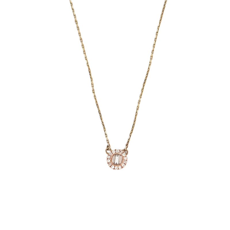 14K Two-Tone Gold Round Baguette Halo Pendant Necklace