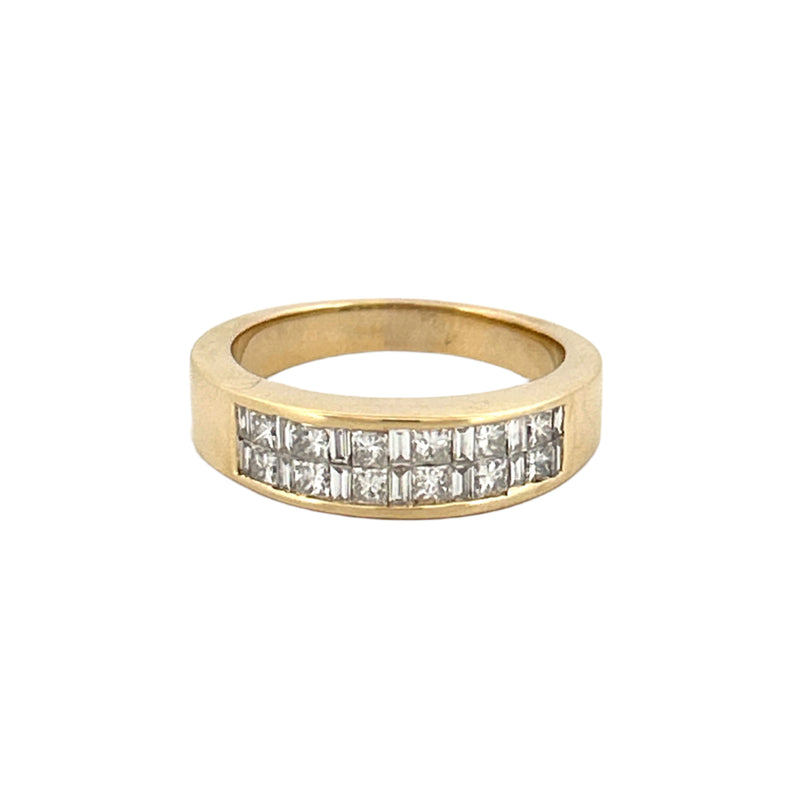 14K Gold Two Row Invisible Princess and Baguette Diamond Band