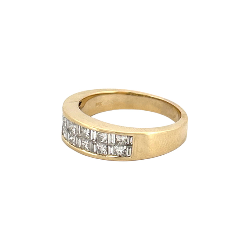 14K Gold Two Row Invisible Princess and Baguette Diamond Band