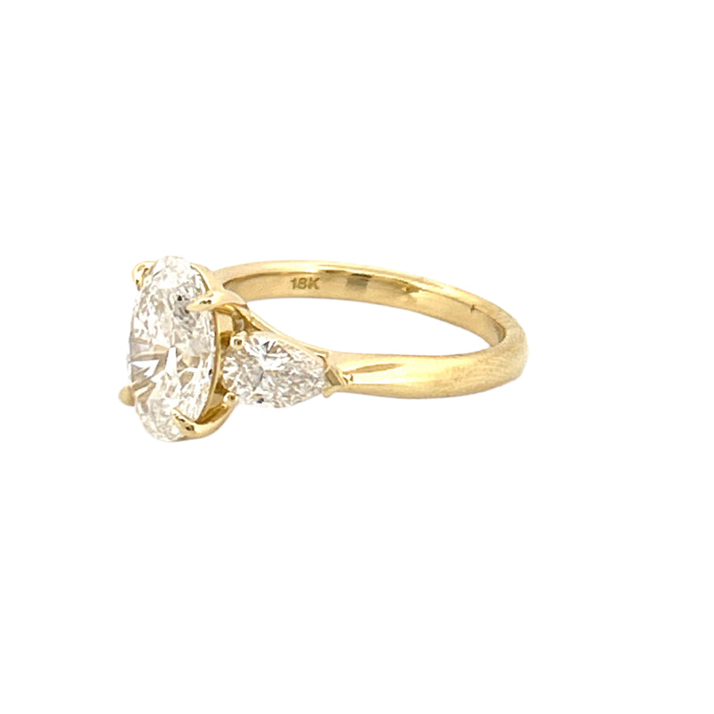 14K Gold Three Stone 3.00 Carat Oval and Pear Cut Lab Grown Diamond Solitaire Engagement Ring
