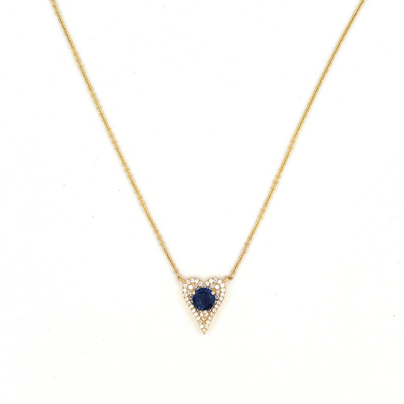 14K Gold Round Sapphire Diamond Heart Pave Pendant Necklace