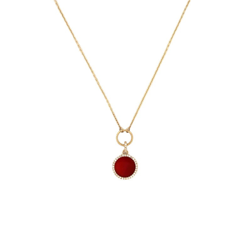 14K Gold Carnelian Round Diamond Pendant Lariat Necklace