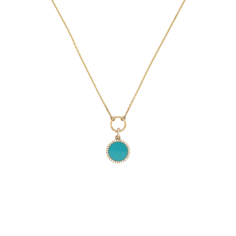 14K Gold Turquoise Round Diamond Pendant Lariat Necklace