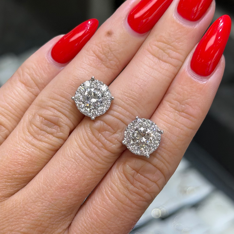 14K Gold Round Diamond Halo Stud Earrings