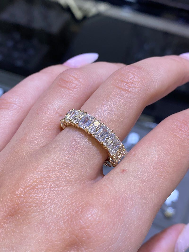 14K Gold Emerald and Round Cut Lab Grown Diamond Eternity Wedding Band