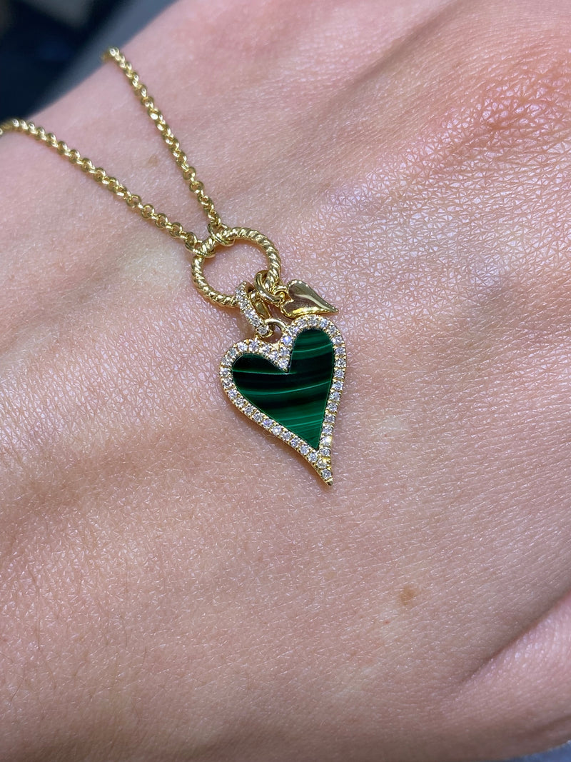 14K Gold Heart Malachite and Mini Heart Diamond Pendant Necklace