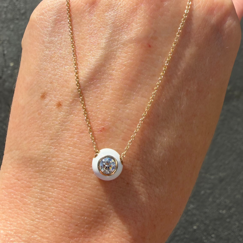 14K Gold White Enamel Round Dome Pendant Necklace