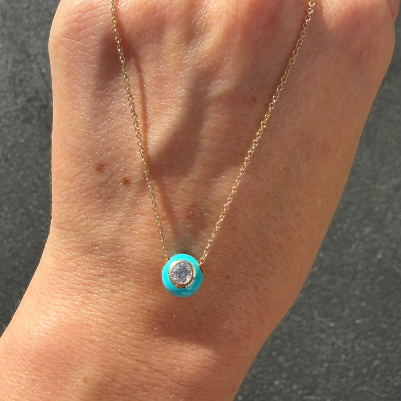 14K Gold Turquoise Enamel Round Dome Pendant Necklace