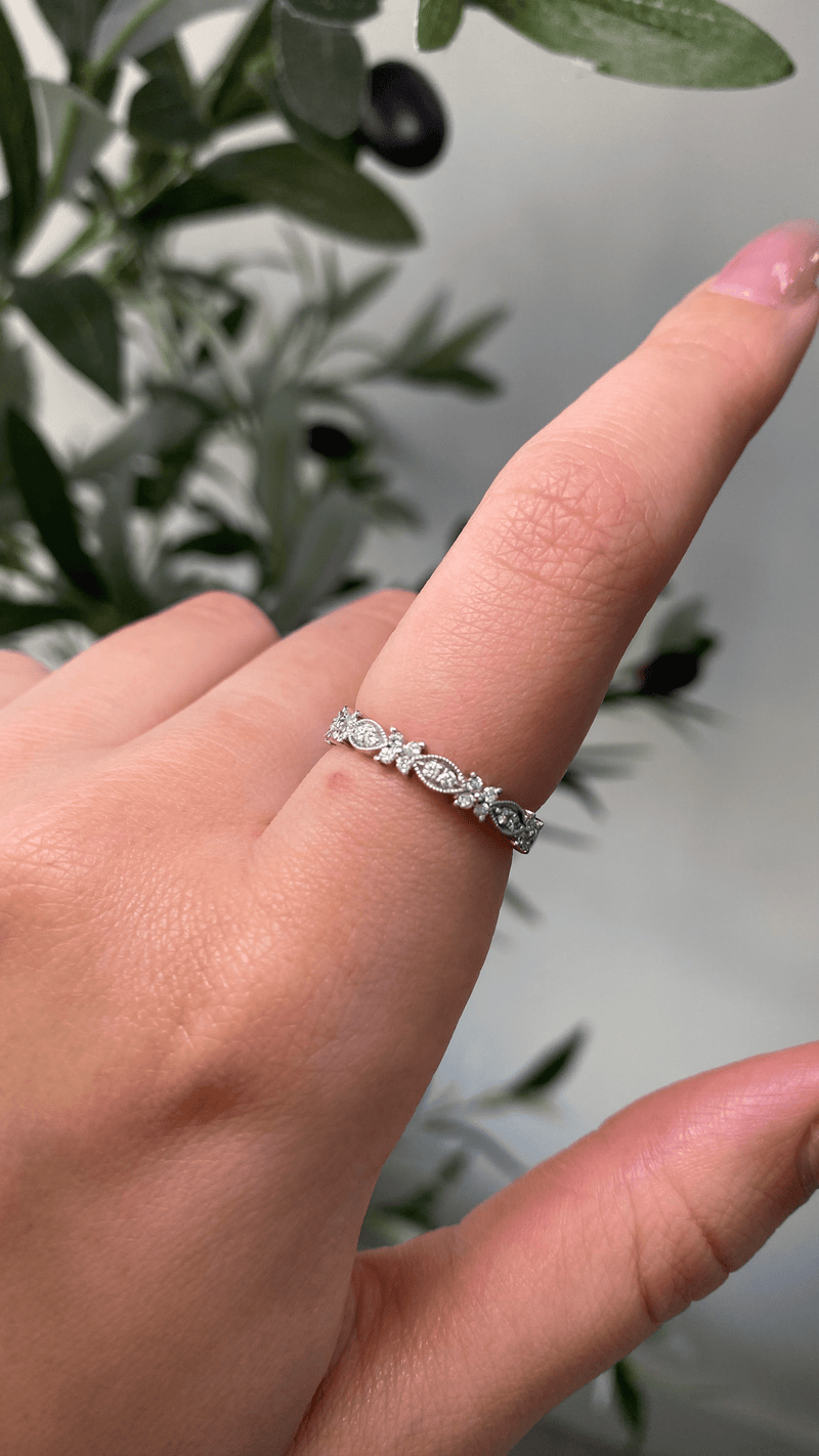 14K Gold Art Deco Flower and Marquise Diamond Fashion Band