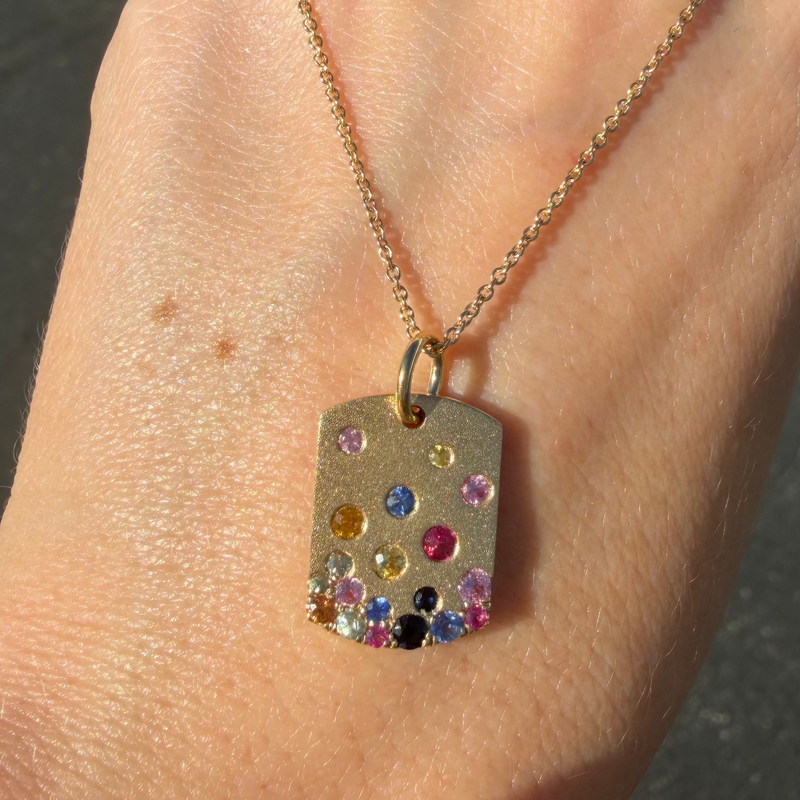 14K Gold ID Mixed Color Stones Scattered Pendant Necklace