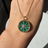 14K Gold Diamond Malachite Compass Pendant