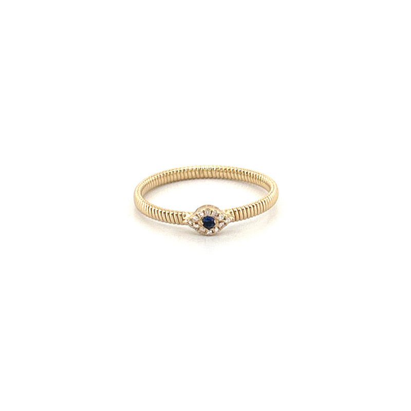 14K Gold Ribbed Sapphire and Diamond Evil Eye Band