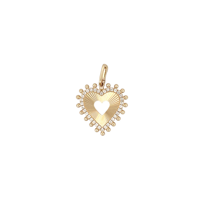 14K Gold Beaded and Diamond Halo Open Ribbed Heart Pendant
