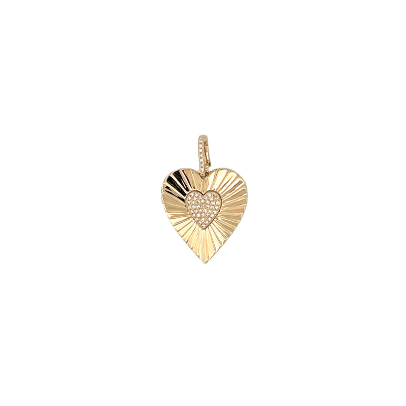 14K Gold Fluted Heart Diamond Pavé Center Pendant