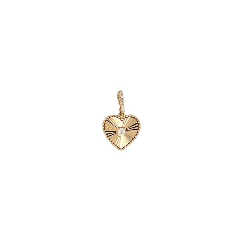 14K Gold Beaded Fluted Heart Center Diamond Bezel Pendant