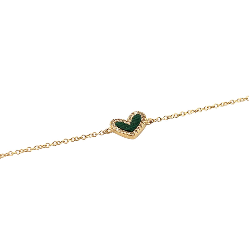 14K Gold Heart Malachite and Diamond Charm Bracelet