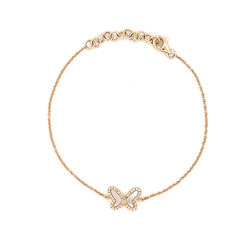 14K Gold Mother of Pearl and Diamond Butterfly Charm Bracelet