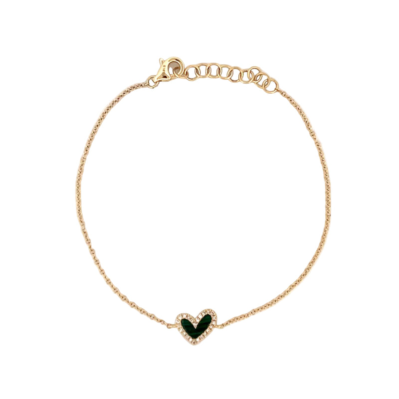 14K Gold Heart Malachite and Diamond Charm Bracelet