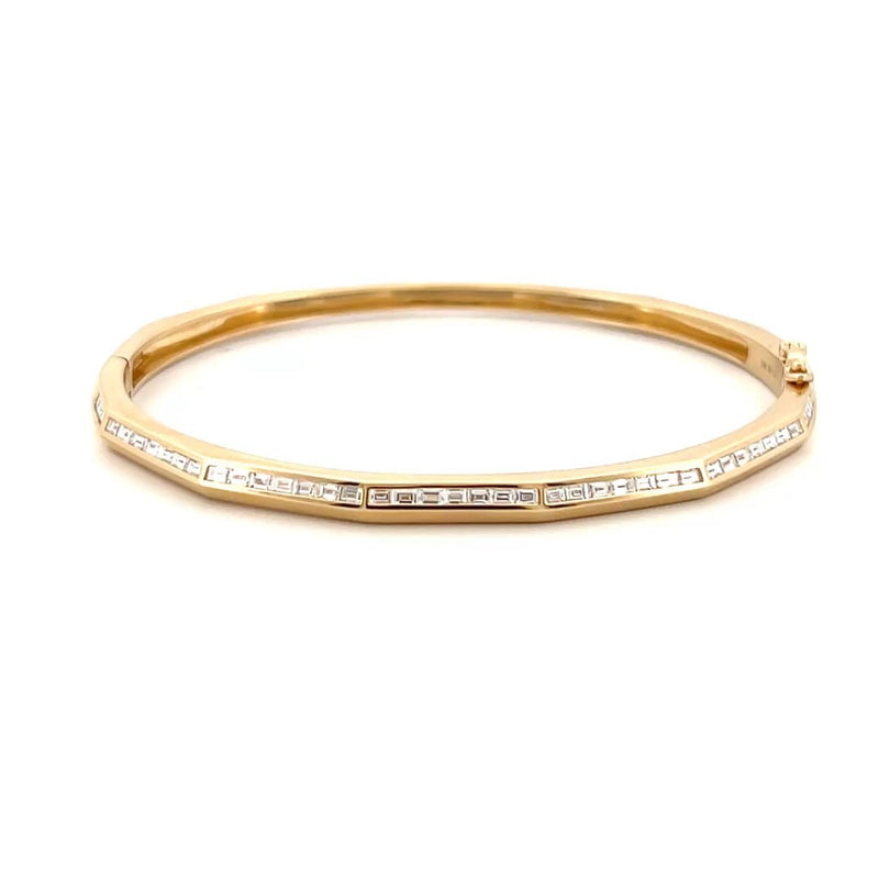 14K Gold Edge Beveled Geometric Baguette Diamond Channel Bangle