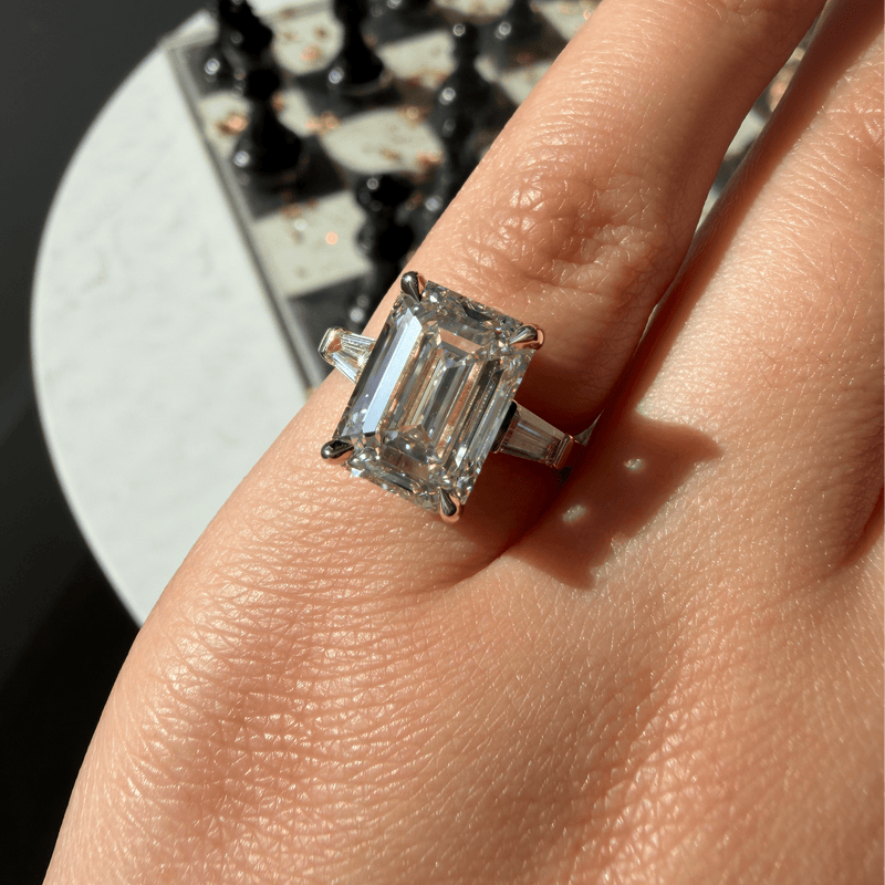 14K Gold Lab Grown Emerald Diamond Baguette Three Stone Engagement Ring