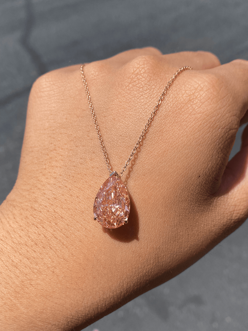 14K Gold 10.00 Carat Lab Grown Pink Diamond Pear Pendant Necklace