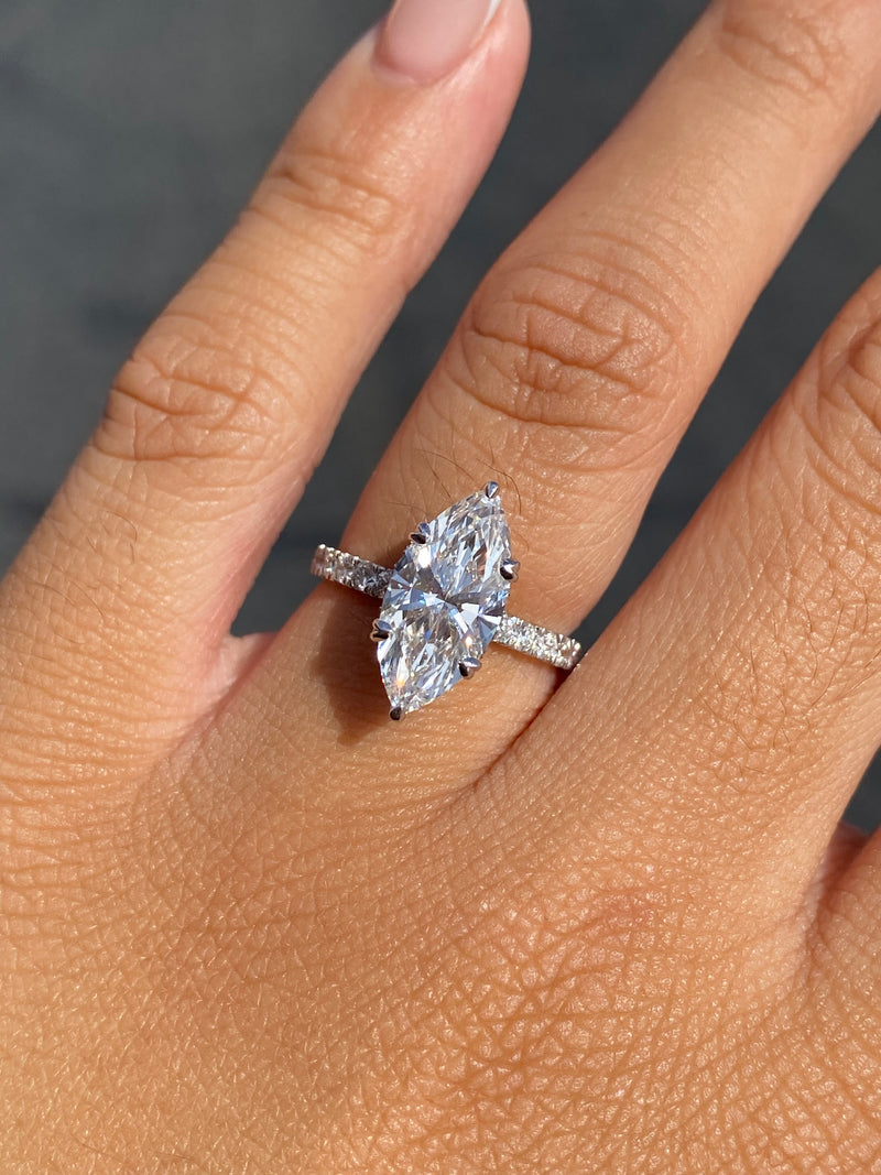 14K Gold 2.50 Carat Lab Grown Marquise Diamond Prong Set Engagement Ring with Diamond Under Halo and Prongs