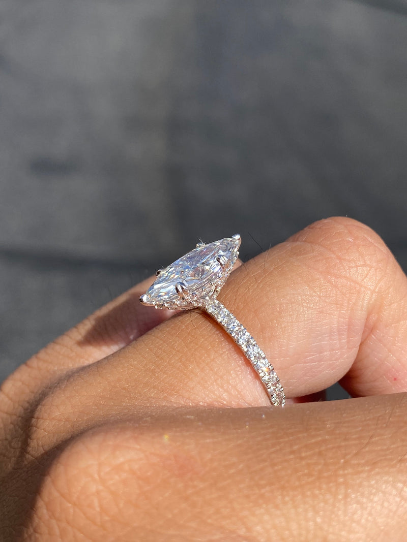 14K Gold 2.50 Carat Lab Grown Marquise Diamond Prong Set Engagement Ring with Diamond Under Halo and Prongs
