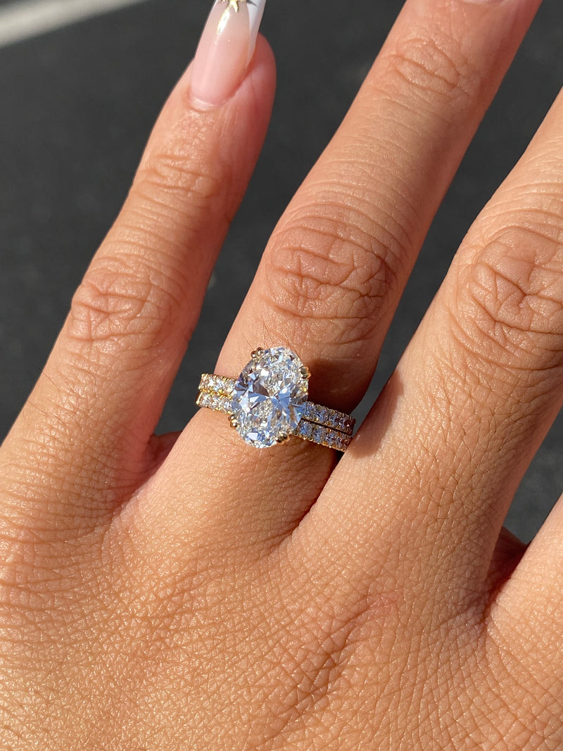 14K Gold 3.00 Carat Lab Grown Oval Diamond Prong Set Engagement Ring with Diamond Under Halo and Prongs