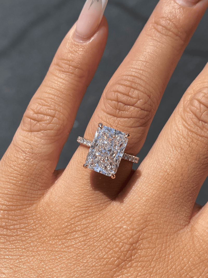 14K Gold 7.00 Carat Lab Grown Radiant Diamond Prong Set Under Halo Engagement Ring