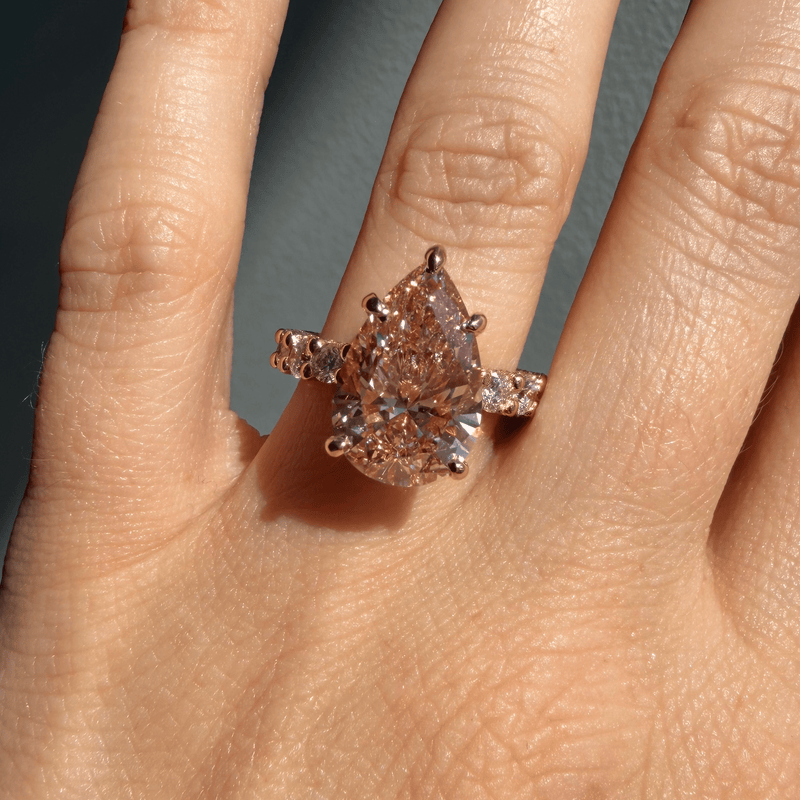 14K Gold 5.00 Carat Lab Grown Pear Pink Diamond U Prong and Under Halo Engagement Ring