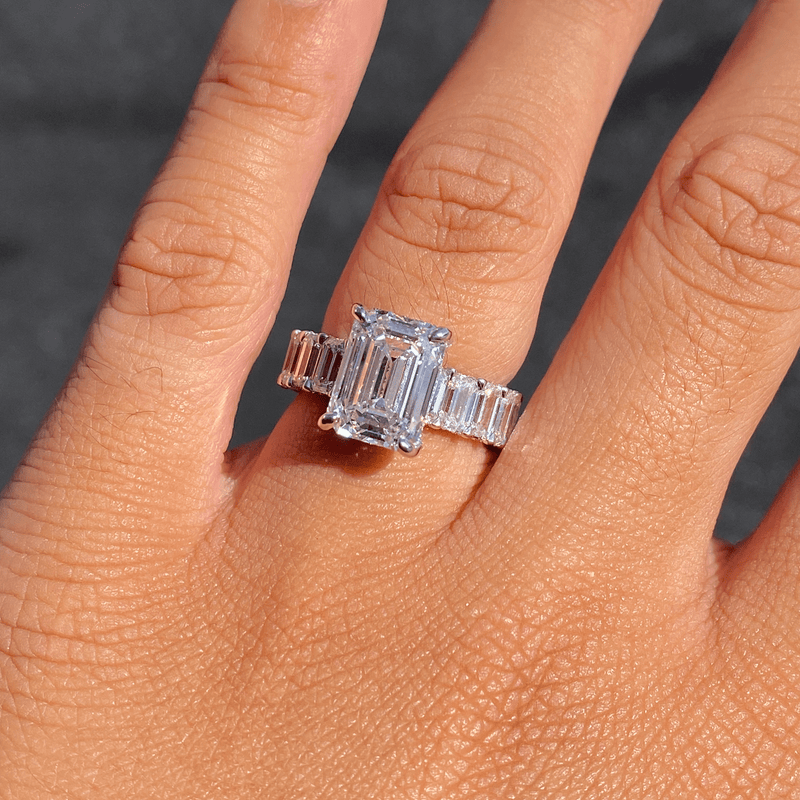 14K Gold 5.00 Carat Lab Grown Emerald Eternity Diamond Walls Under Halo Engagement Ring