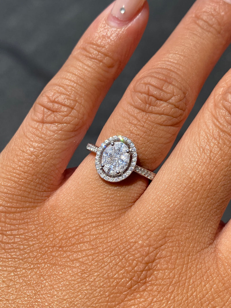 14K Gold Oval Cluster Natural Diamond Channel Engagement Ring