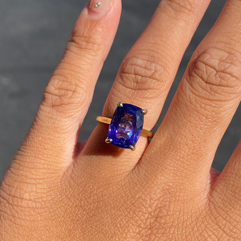 14K Gold 6.00 Carat Elongated Cushion Tanzanite Solitaire Under Halo Engagement Ring
