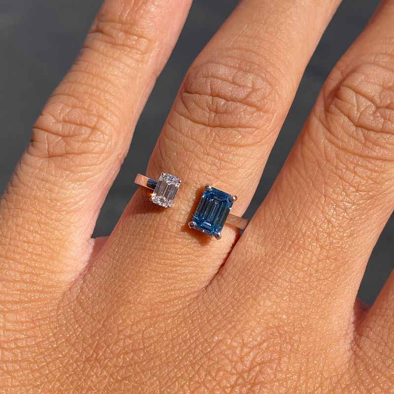 14K Gold Blue and White Lab Grown Diamond Open Band