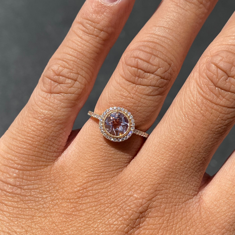 14K Gold Round Halo Morganite Cathedral Ring