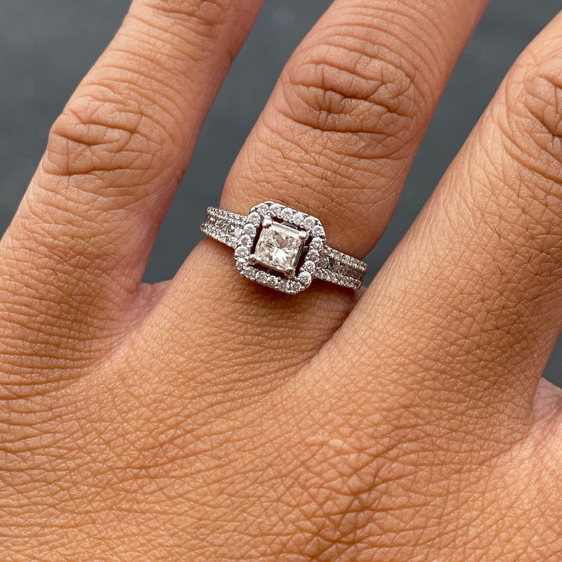 14K Gold Princess Natural Diamond Halo 3 Row Engagement Ring