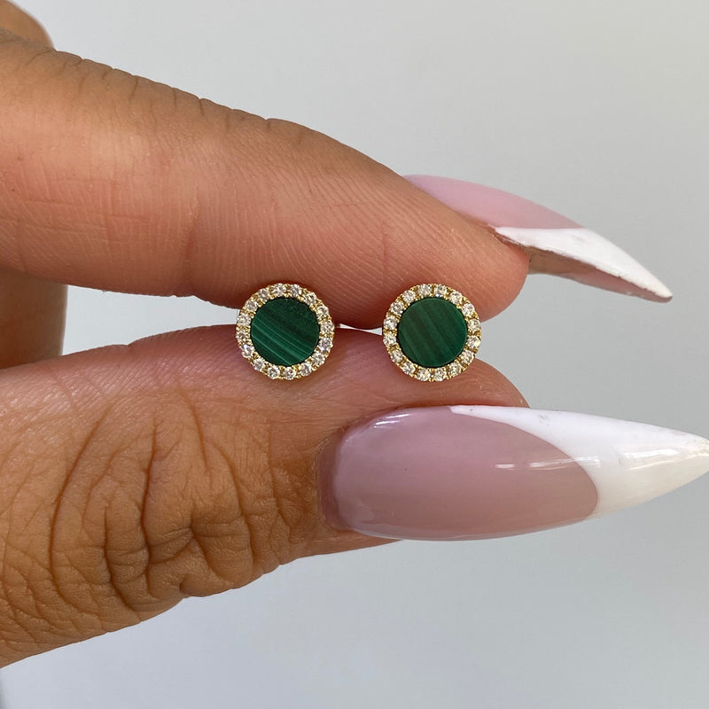 14K Gold Malachite Round Diamond Stud Earrings