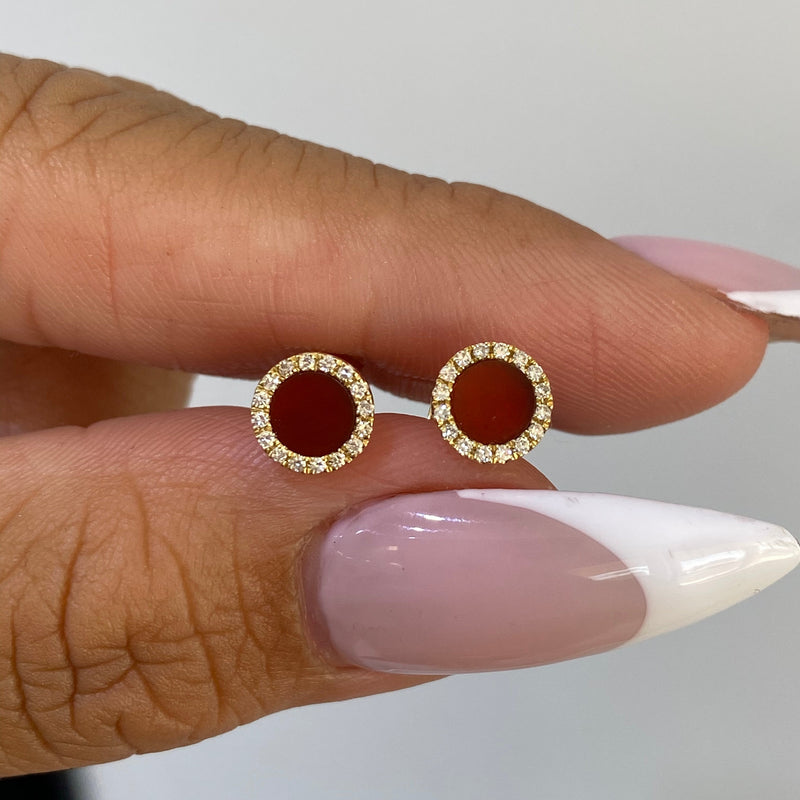 14K Gold Carnelian Round Diamond Stud Earrings