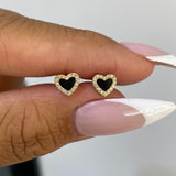 14K Gold Onyx Heart Diamond Stud Earrings