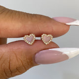 14K Gold Pink Mother of Pearl Heart Diamond Stud Earrings