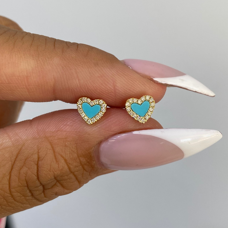 14K Gold Turquoise Heart Diamond Stud Earrings