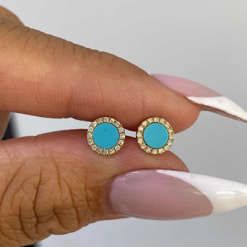14K Gold Turquoise Round Diamond Stud Earrings