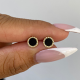 14K Gold Onyx Round Diamond Stud Earrings