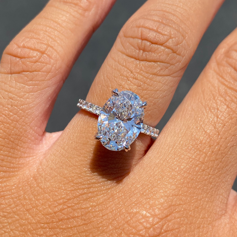 14K Gold 4.00 Carat Lab Grown Oval Diamond Prong Under Halo Engagement Ring