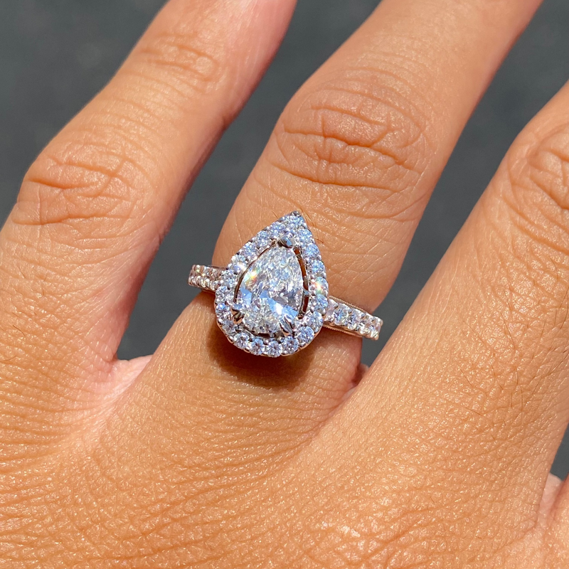 14K Gold 1.00 Carat Natural Pear Diamond Halo Art Deco Cathedral Engagement Ring