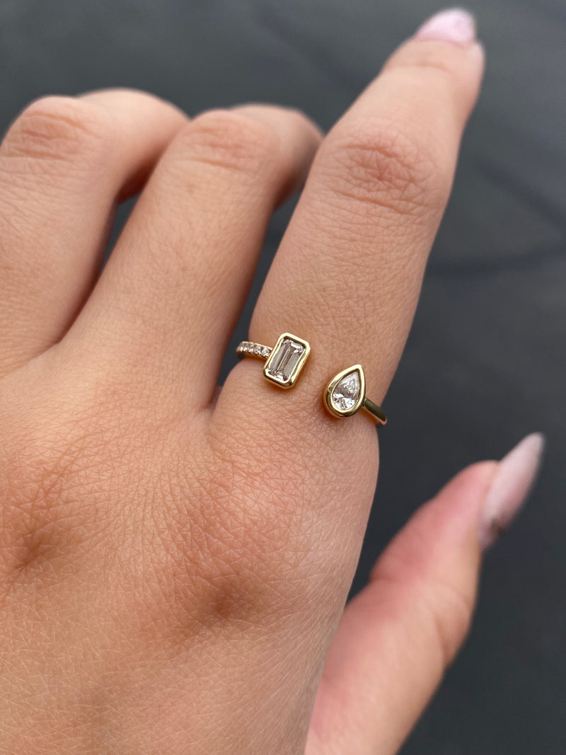 14K Gold Open Pear and Emerald Bezel Diamond Band